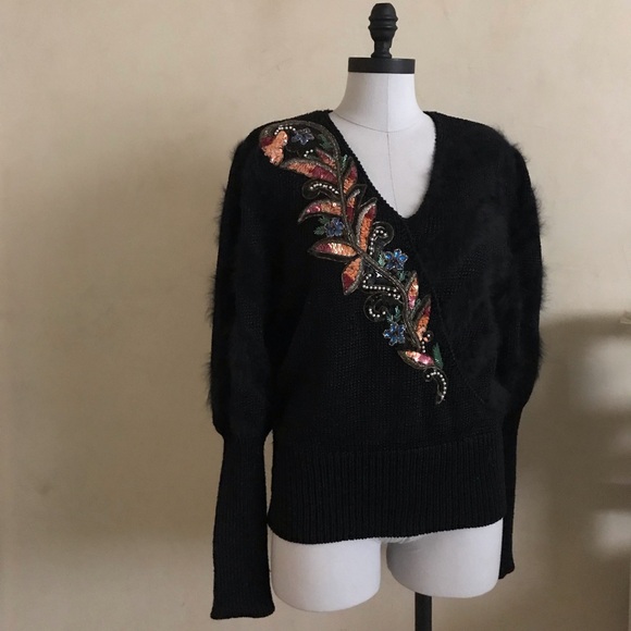 Vintage Black Angora and Lambswool Beaded Sweater - Picture 9 of 13